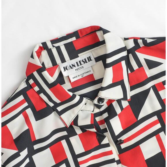 Vintage Geometric Modern Artsy Collared Button Down Blouse Red Beige Black M - Picture 8 of 8